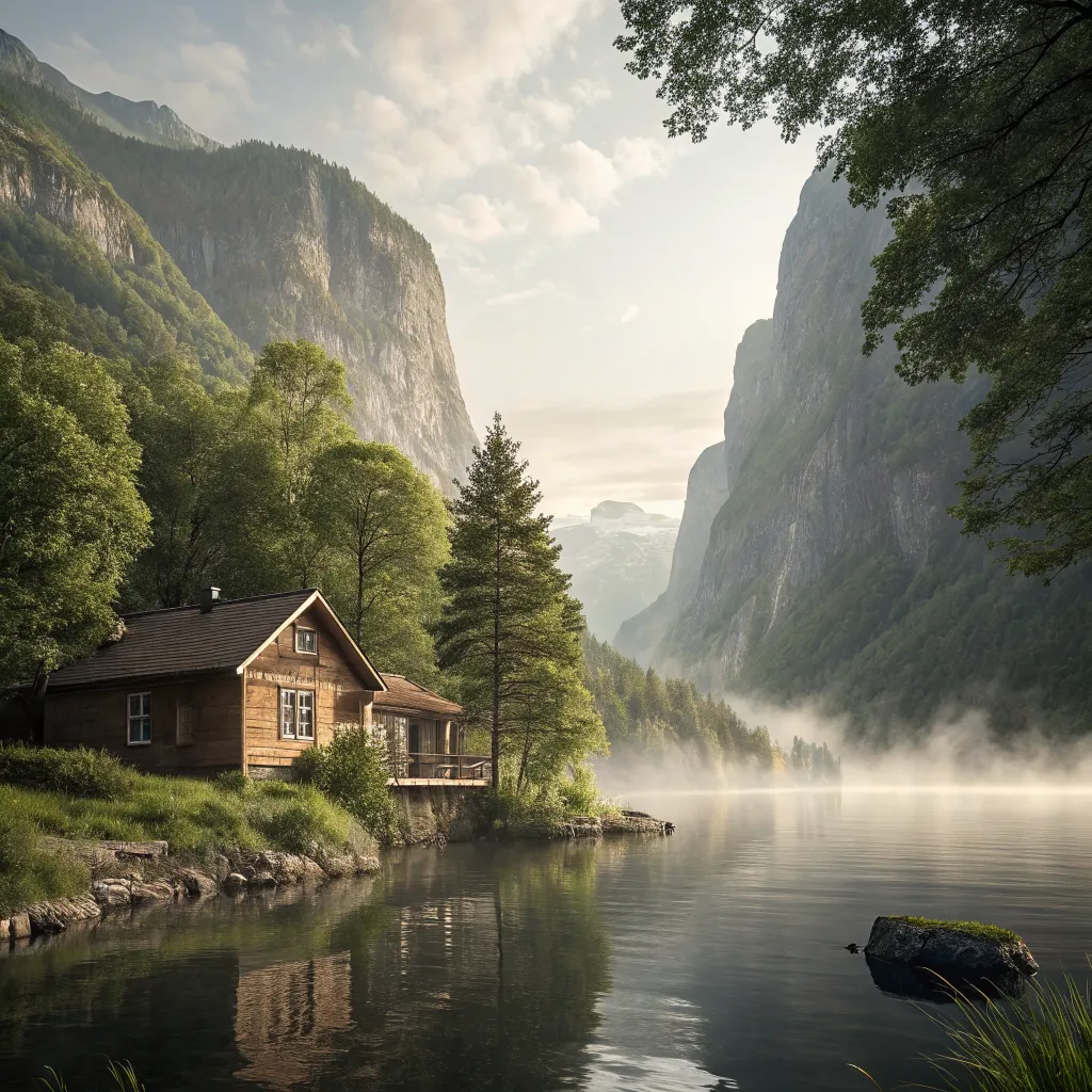 Scandinavian fjord landscape with cozy cabin and calm waters